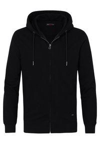 Schwarzer Kapuzenpullover mit durchgehendem Reißverschluss, Vorderseite mit Taschen, Kapuze mit Kordelzug sowie gerippte Bündchen und Saum, auf weißem Hintergrund dargestellt.