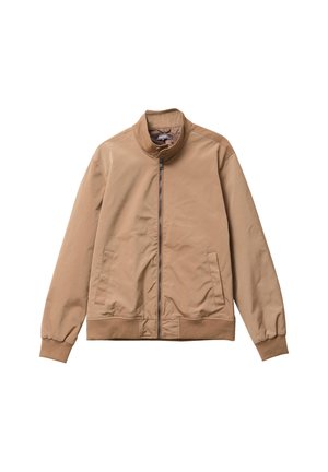 Chaqueta marrón con un alto cuello, cremallera frontal completa y puños acanalados. Material suave con un diseño sencillo y bolsillos laterales.