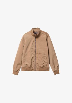 Beige Jacke mit hohem Kragen, durchgehendem Reißverschluss vorne und gerippten Bündchen. Glattes Material mit einfachem Design und seitlichen Taschen.