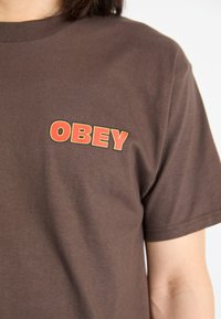 Brūna kokvilnas T-krekls ar izteiktu oranžu un dzeltenu "OBEY" grafiku kreisajā krūtīs. Īsās piedurknes, klasiskā piegriezuma.