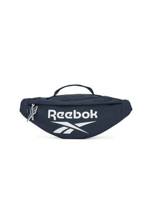 Granatowa nerka Reebok z białym logo, główną przednią kieszenią zapinaną na zamek oraz górnym uchwytem do przenoszenia.