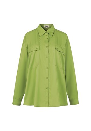 Grüne Button-up-Hemd mit langen Ärmeln, zwei Brusttaschen und klassischem Kragen. Hergestellt aus glattem, leichtem Stoff mit einer polierten Oberfläche.