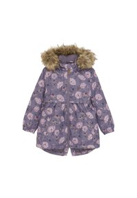 Lila blommönstrad jacka med faux fur-huva, frontdragkedja och elastiska ärmar, med en gathered midja och en något utsvängd nederkant.