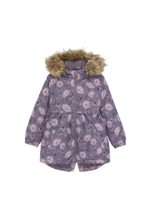 Lila blommönstrad jacka med faux fur-huva, frontdragkedja och elastiska ärmar, med en gathered midja och en något utsvängd nederkant.