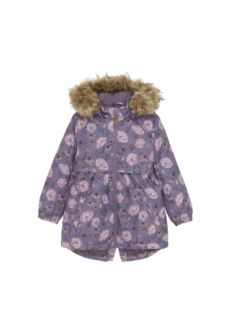 Lila blommönstrad jacka med faux fur-huva, frontdragkedja och elastiska ärmar, med en gathered midja och en något utsvängd nederkant.