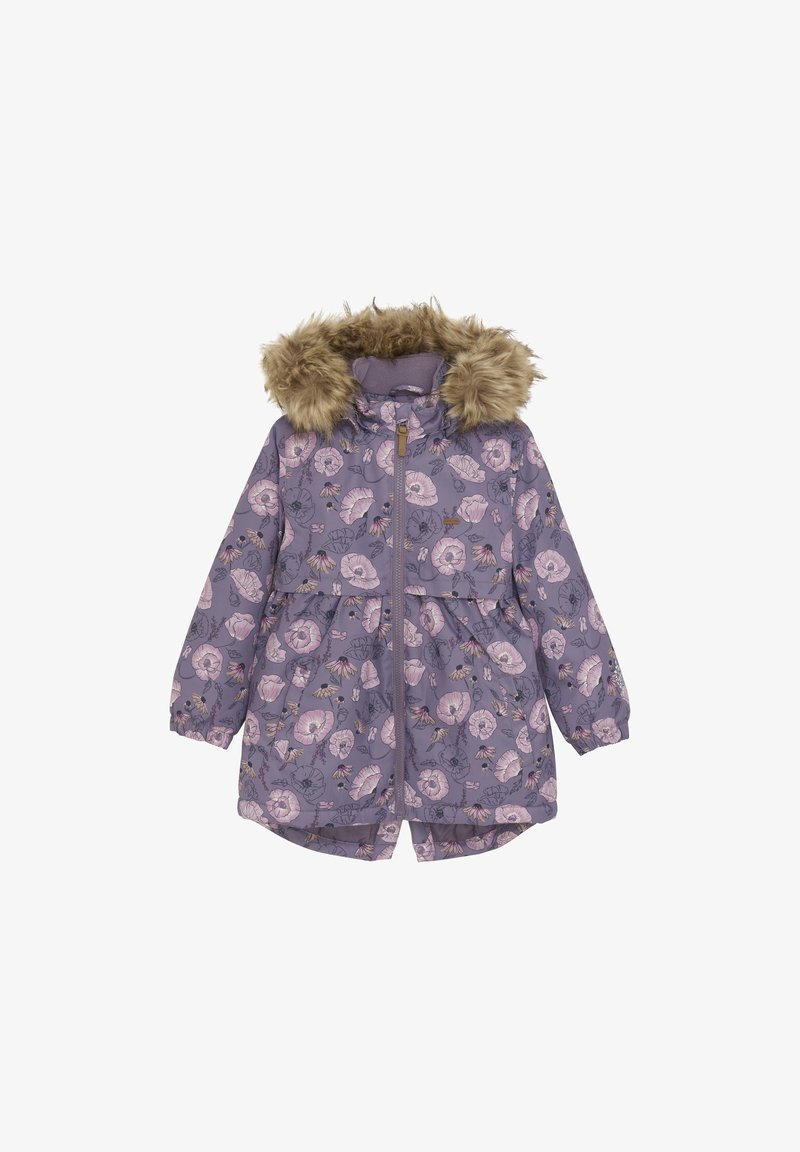 Lila Jacke mit Blumendruck, ausgestattet mit einer Kunstfellkapuze, einem vorderen Reißverschluss und elastischen Bündchen, die eine geraffte Taille und einen leicht ausgestellten Saum hat.