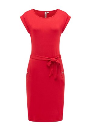 Czerwona sukienka do kolan z krótkimi rękawami, okrągłym dekoltem, bocznymi kieszeniami zapinanymi na guziki oraz materiałowym paskiem wiązanym w talii.