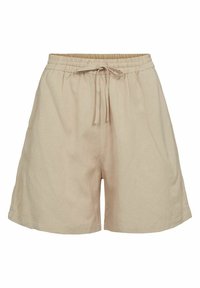 Beige, leichte Stoffhosen mit elastischem Bund und Kordelzug. Sie haben eine lockere Passform und seitliche Taschen. Glatte Textur.