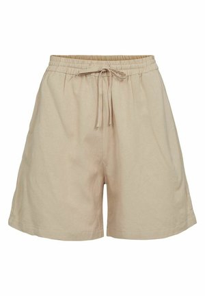 Bež kratke hlače od lagane tkanine s elastičnom trakicom i vezicom. Imaju opušteni kroj i bočne džepove. Glatka tekstura.