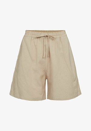 Shorts en tissu léger beige avec une taille élastique et un cordon de serrage. Présentent une coupe décontractée et des poches latérales. Texture lisse.