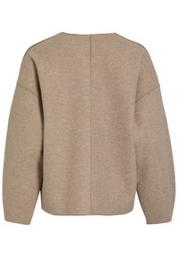 Jersey de lana beige con mangas largas, hombros caídos y una costura central en la espalda, mostrado desde atrás.