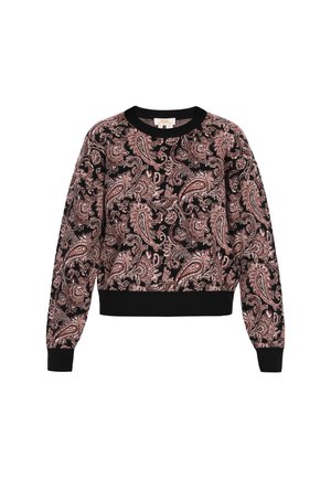Černá mikina s paisley vzorem v růžové a béžové barvě. Žebrované manžety a lem. Měkká látka, kulatý výstřih, dlouhé rukávy.