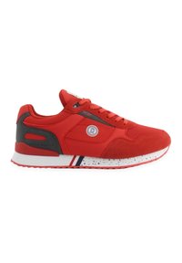 Scarpa da ginnastica rossa con tomaia in mesh e sintetico, dettagli grigi e suola maculata bianca. Presenta lacci e logo laterale.