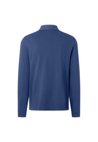 Koszula polo z długim rękawem w jednolitym, granatowym kolorze, wykonana z miękkiego materiału. Posiada klasyczny kołnierz i prosty design, bez widocznych wzorów czy akcentów.