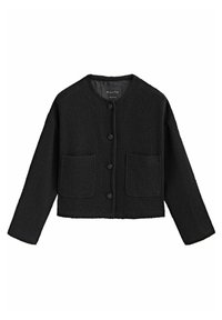 Cardigan a maglia nera con scollatura rotonda, bottoni frontali e due tasche applicate. Presenta un tessuto testurizzato e una silhouette cropped.