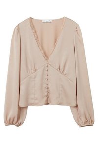 Blouse beige à manches longues avec un décolleté en V profond bordé de dentelle et une rangée de boutons recouverts de tissu sur le devant. Poignets élastiques sur les manches.