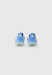 Blue and green sports cleats with a textured upper, translucent sole, and six silver studs for traction. Features three stripes logo.