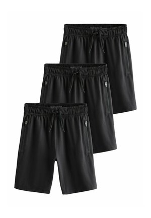 Drei Paar schwarze Shorts mit einem elastischen Bund, Kordelzug und Reißverschlusstaschen auf jeder Seite. Weicher Stoff und schlichtes Design.