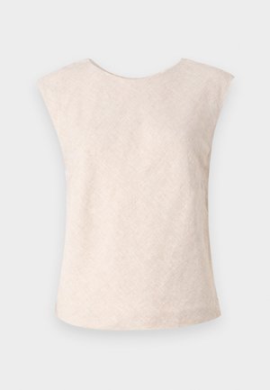 Top fără mâneci de culoare bej deschis, realizat dintr-un material texturat. Are un decolteu rotund și o croială lejeră, confortabilă. Design minimalist, fără închideri vizibile.