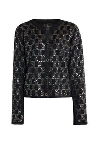 Cardigan nero con motivo a scacchi, impreziosito da paillettes. Presenta maniche lunghe, collo rotondo e chiusura con bottoni frontale.