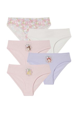 Fünf Baumwollslips für Mädchen in Pastellfarben, drei mit floralen Prinzessinnengesichtern, einer mit Blumenmuster, einer einfarbig weiß, überlappend angeordnet.