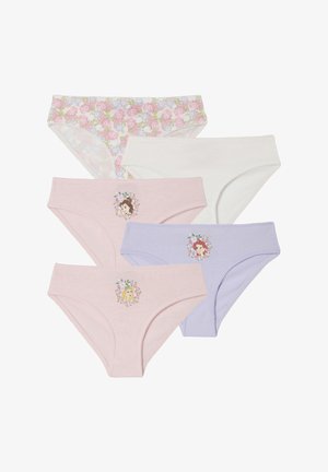 Five girls' cotton briefs in pastel colors, three with floral princess faces, one floral pattern, one solid white, arranged overlapping.