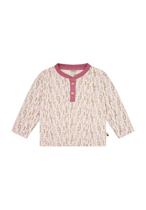 Camicia a maniche lunghe rosa chiaro con scollatura henley, caratterizzata da un motivo floreale in marrone e rosa, due bottoni in legno e colletto a contrasto.