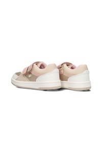Beige and pink athletic shoes with a smooth surface, including velcro straps and a white rubber sole. Rounded toe and padded collar.