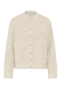 Helles Beige, knöpfbare Jacke aus weichem, strukturiertem Stoff; hat einen lässigen Schnitt, zwei Fronttaschen und einen runden Kragen.