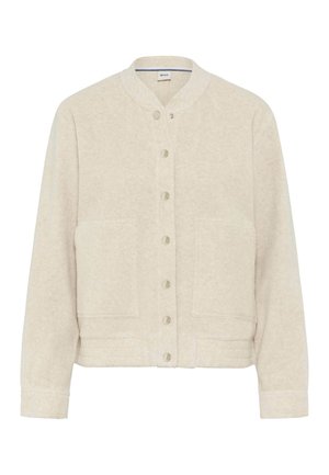 Light beige, button-up jacket made of soft, textured fabric; features a relaxed fit, two front pockets, and a round collar.