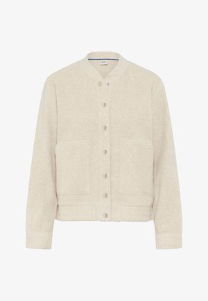 Light beige, button-up jacket made of soft, textured fabric; features a relaxed fit, two front pockets, and a round collar.