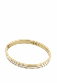 Kuldne metallist bangle valgete aktsenttriipudega. Omab sileda viimistlusega ja hingedega lukku. Graveeritud "FURLA." Lihtne, ringikujuline kuju.