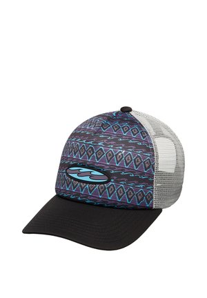 Cappellino da camionista con visiera nera, motivo geometrico colorato sulla parte frontale e retro in rete. Presenta un logo a onda blu sul lato.