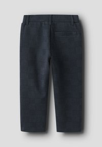 Marineblaue gemusterte Hose aus strukturiertem Stoff mit geradem Bein, Gürtelschlaufen und Detailtasche auf der Rückseite.