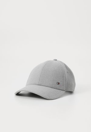 Gray wool cap with a curved brim, featuring a small logo patch on the side. Smooth texture and structured design.