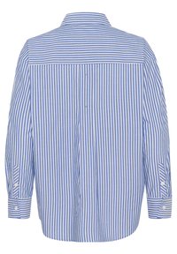 Light blue and white striped long-sleeve shirt with a collar, buttons, and cuff details; back view shows vertical stripes and a curved hem.