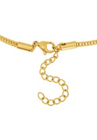 Collana in oro con catena caratterizzata da un design intrecciato, chiusura a gancio e catena di estensione con anelli circolari per una lunghezza regolabile.