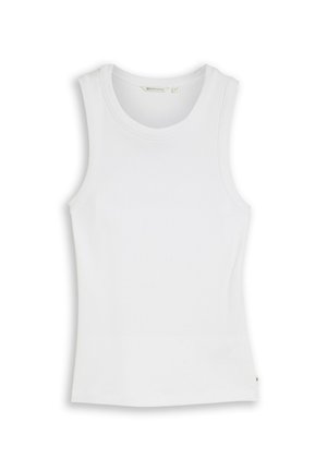 Biały bezrękawnik z okrągłym dekoltem, dopasowany i o minimalistycznym designie, położony na płasko na białym tle.