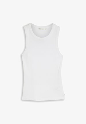 Biały bezrękawnik z okrągłym dekoltem, dopasowany i o minimalistycznym designie, położony na płasko na białym tle.