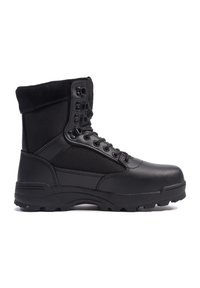 Black tactical boot with a leather and fabric upper, rugged sole, lace-up front, padded collar, and distinct tread pattern.