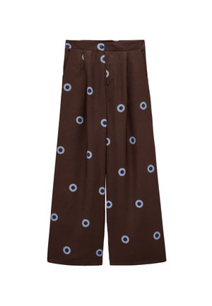 Brązowe spodnie o szerokich nogawkach z niebiesko-białym wzorem w kropki, z przodu z zakładkami i bocznymi kieszeniami.