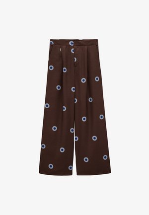Brązowe spodnie o szerokich nogawkach z niebiesko-białym wzorem w kropki, z przodu z zakładkami i bocznymi kieszeniami.