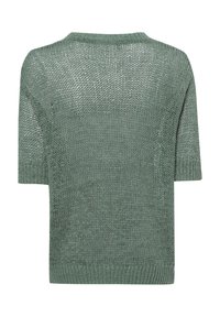 Grüner, gestrickter Pullover mit kurzen Ärmeln, lockerem, offenem Gewebe und geripptem Saum. Die Rückansicht zeigt eine leichte, atmungsaktive Textur und eine entspannte Passform.