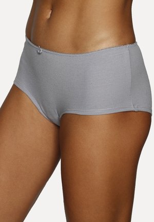 Graue, gerippte Boyshorts mit einem gewellten Bund und einem dekorativen Knopfdetail an der Vorderseite. Weicher Stoff und mittelhoher Schnitt.