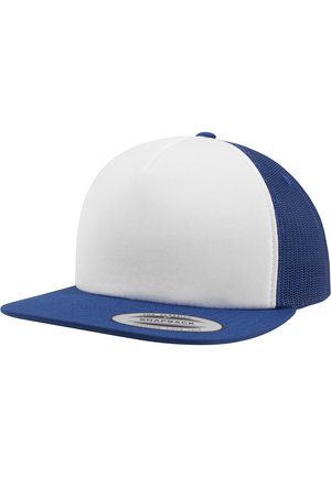 Gorra snapback azul y blanca con visera plana. El panel frontal es de tela blanca sólida, mientras que los lados y la parte trasera están hechos de material de malla.