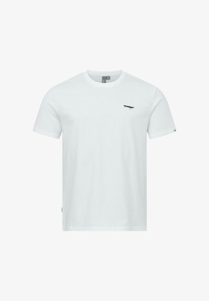 Hvid kortærmet T-shirt med rund hals og lille sort skateboard-logo på venstre bryst samt en lille etiket på ærmet.