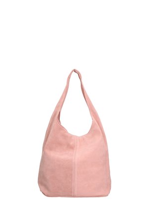Borsa hobo in suede rosa con una singola maniglia e una texture morbida, caratterizzata da una forma arrotondata e una cucitura centrale.
