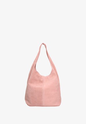 Borsa hobo in suede rosa con una singola maniglia e una texture morbida, caratterizzata da una forma arrotondata e una cucitura centrale.