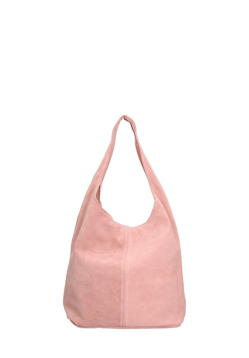 Roze Suède hobo tas met een enkele strap en een zachte textuur, met een ronde vorm en een centrale stiknaad detail.