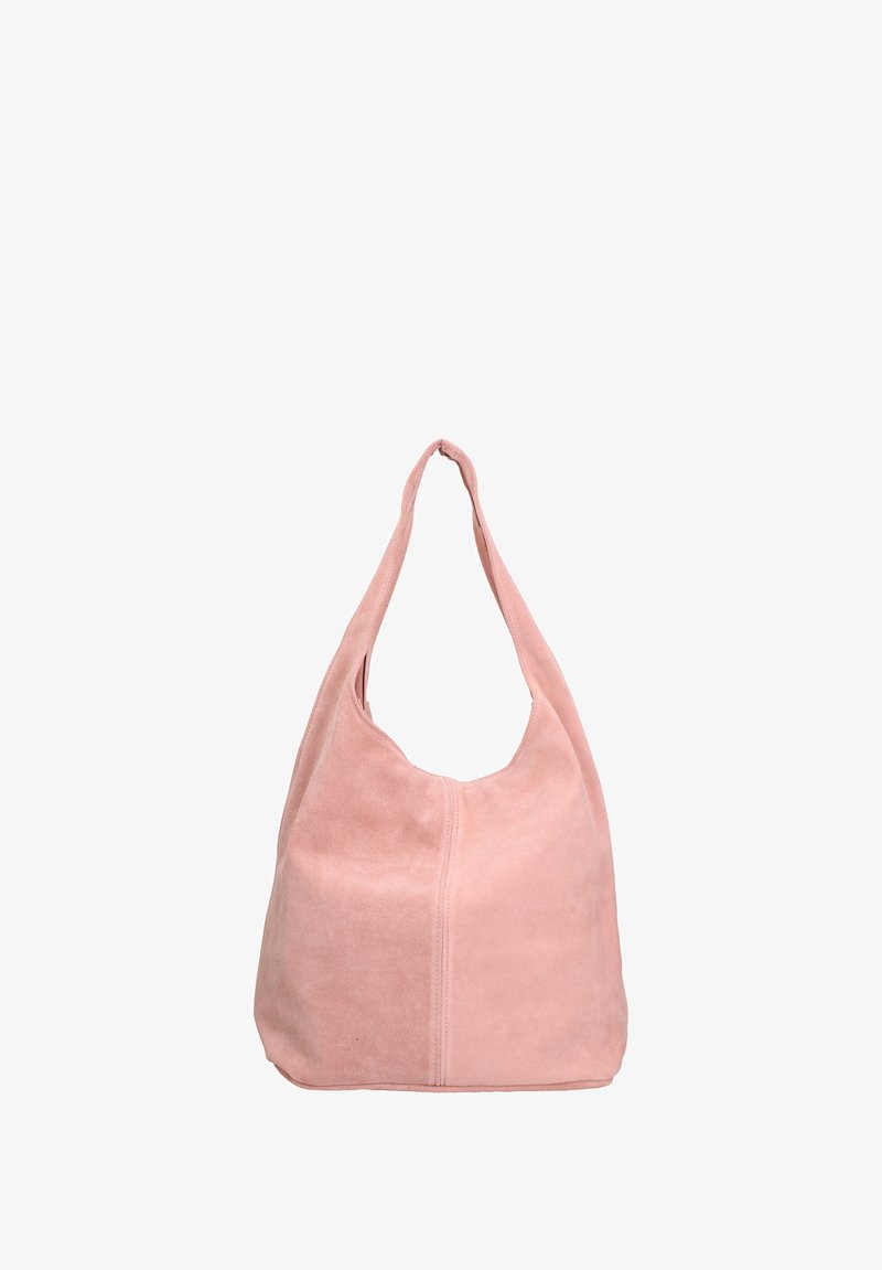Roze Suède hobo tas met een enkele strap en een zachte textuur, met een ronde vorm en een centrale stiknaad detail.